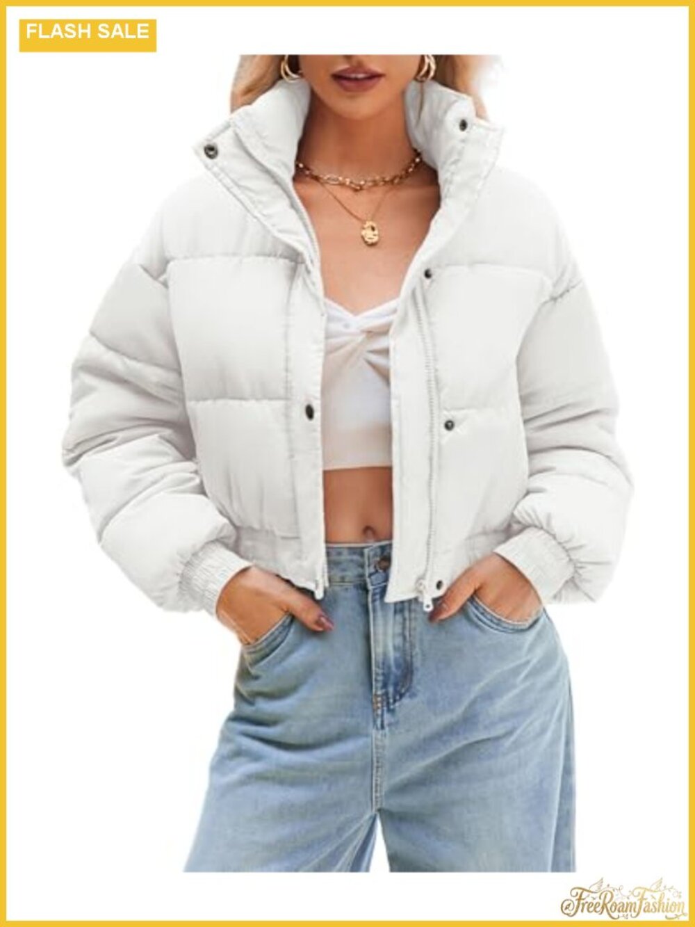 Cropped Quilted Puffer Jacket Warm Lightweight Zip Snap Coat